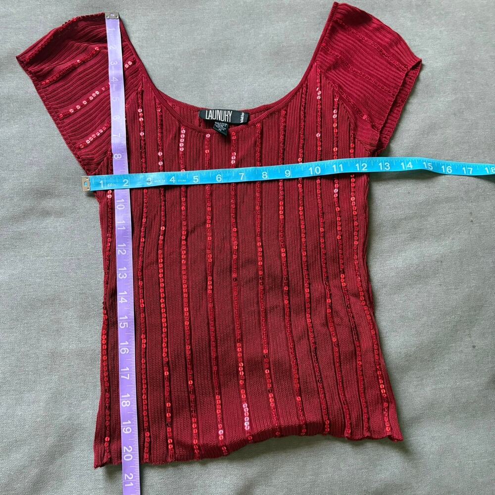 VTG Laundry Shelli Segal Burgundy Sequin Ribbed Knit Top M Y2K 90s ElevatedBasic - Picture 5 of 5